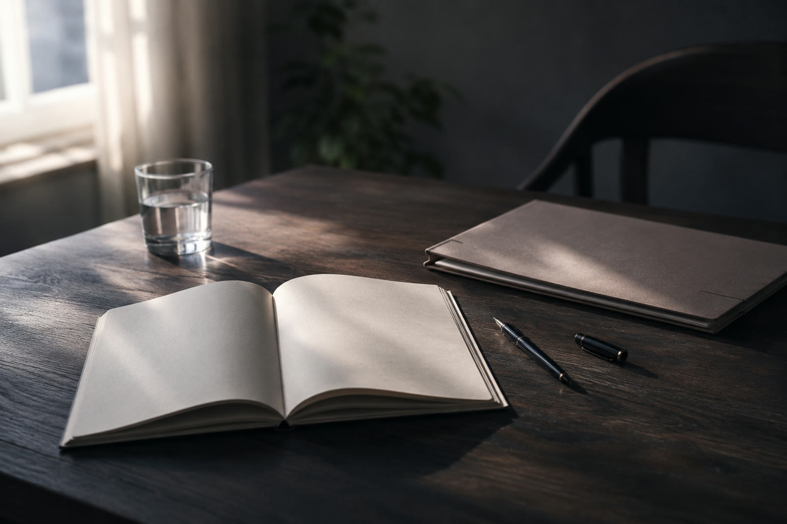An open notebook, a pen and a glass of water set out on a desk before a consultation