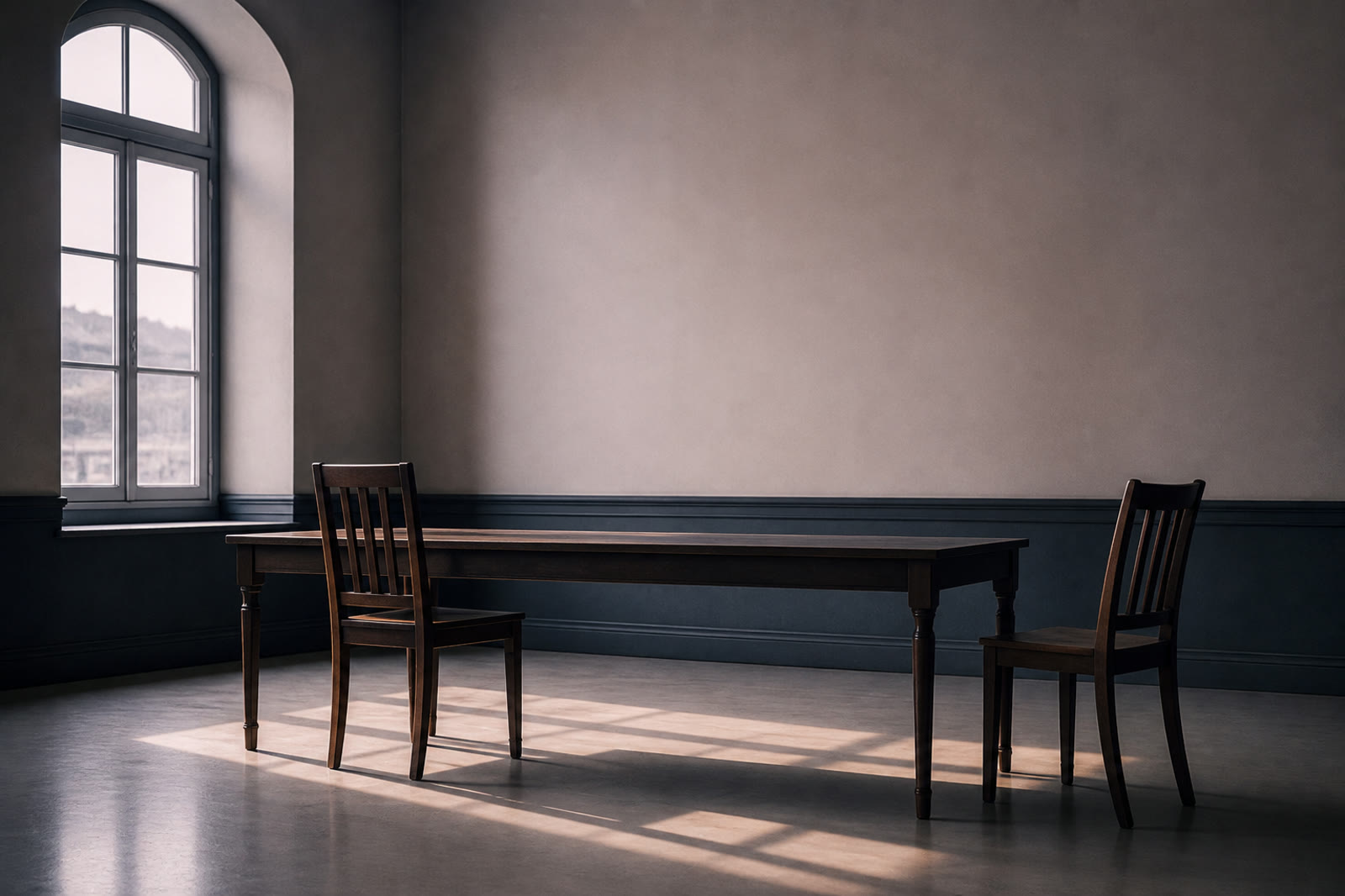 Two chairs at opposite ends of a long table in a quiet room