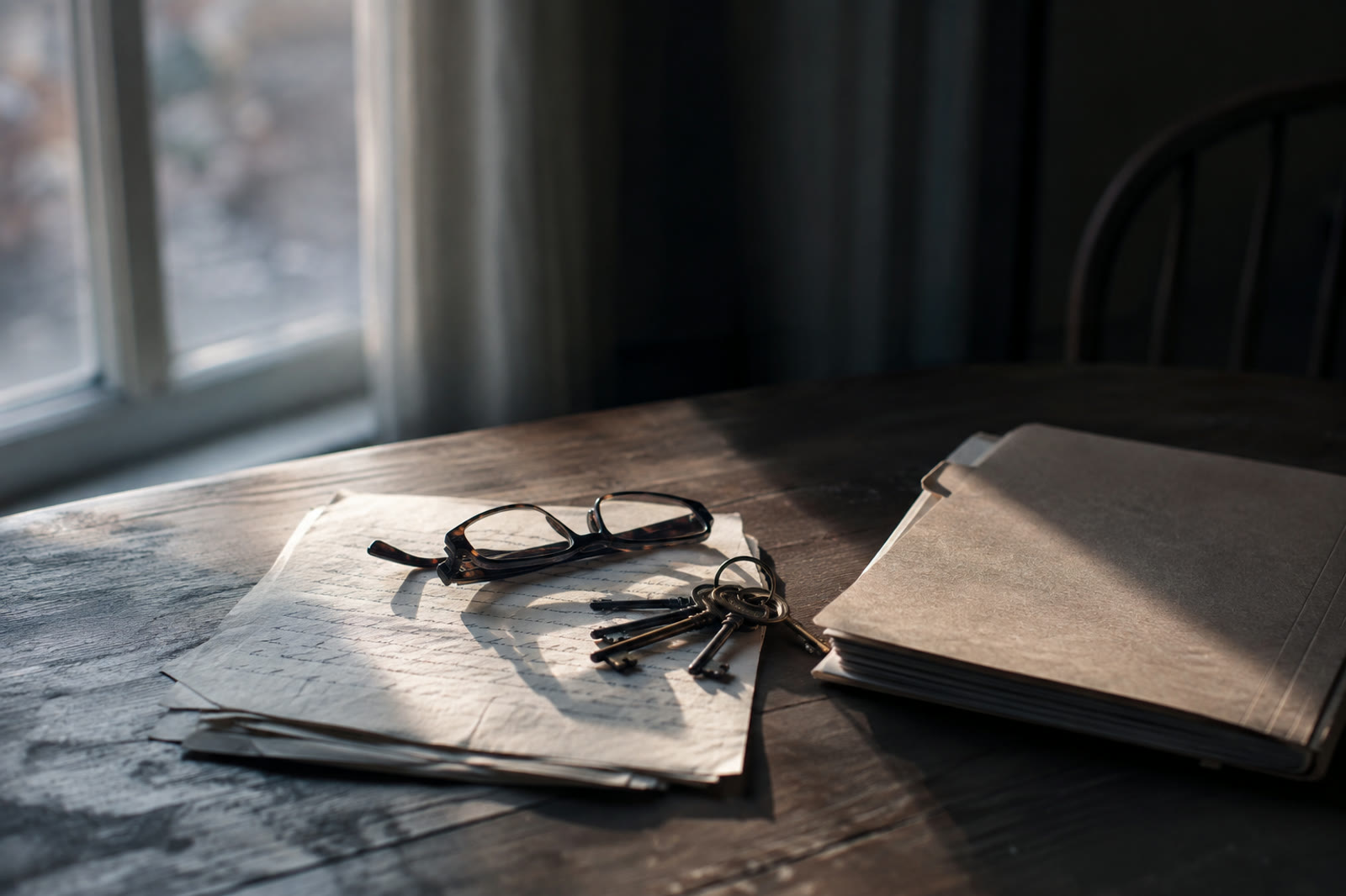 Reading glasses and house keys resting on a stack of letters beside a closed estate folder