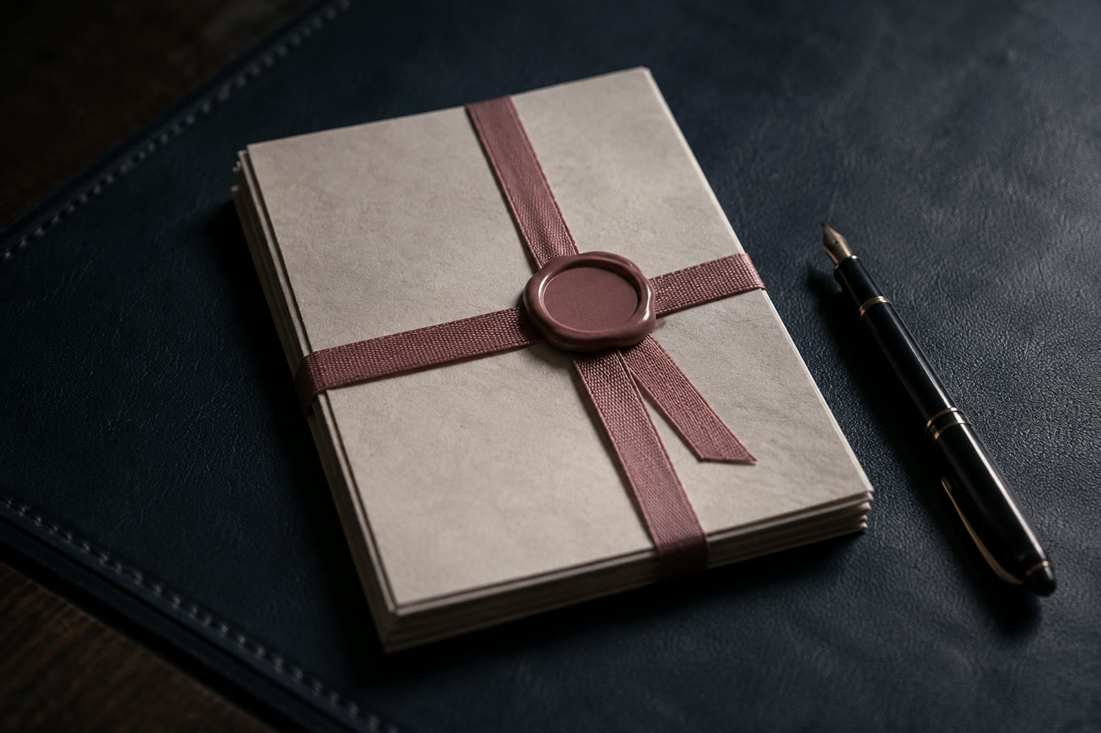 A bound deed tied with ribbon and sealed, on a desk beside a fountain pen
